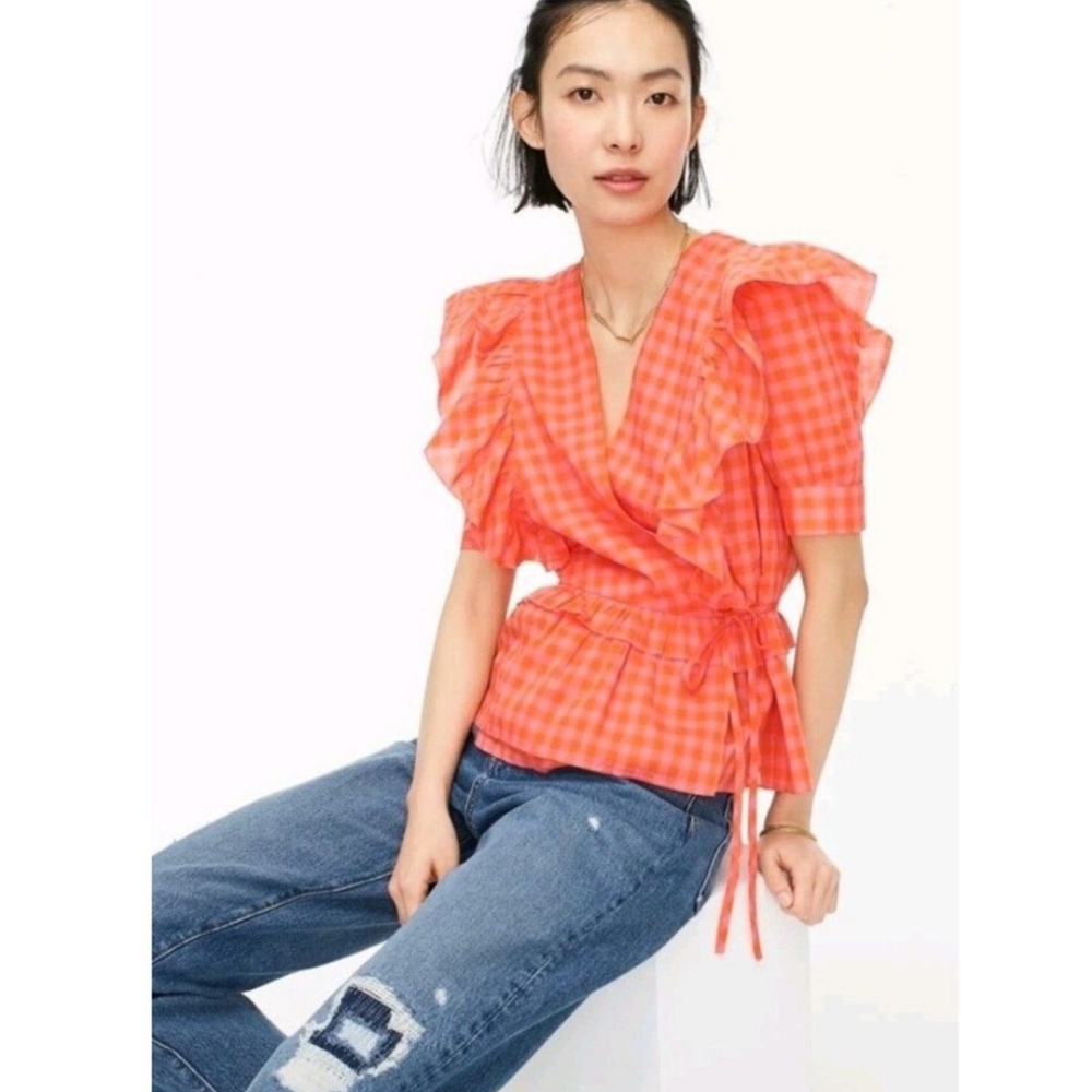 Women's Orange Ruffle Wrap Top